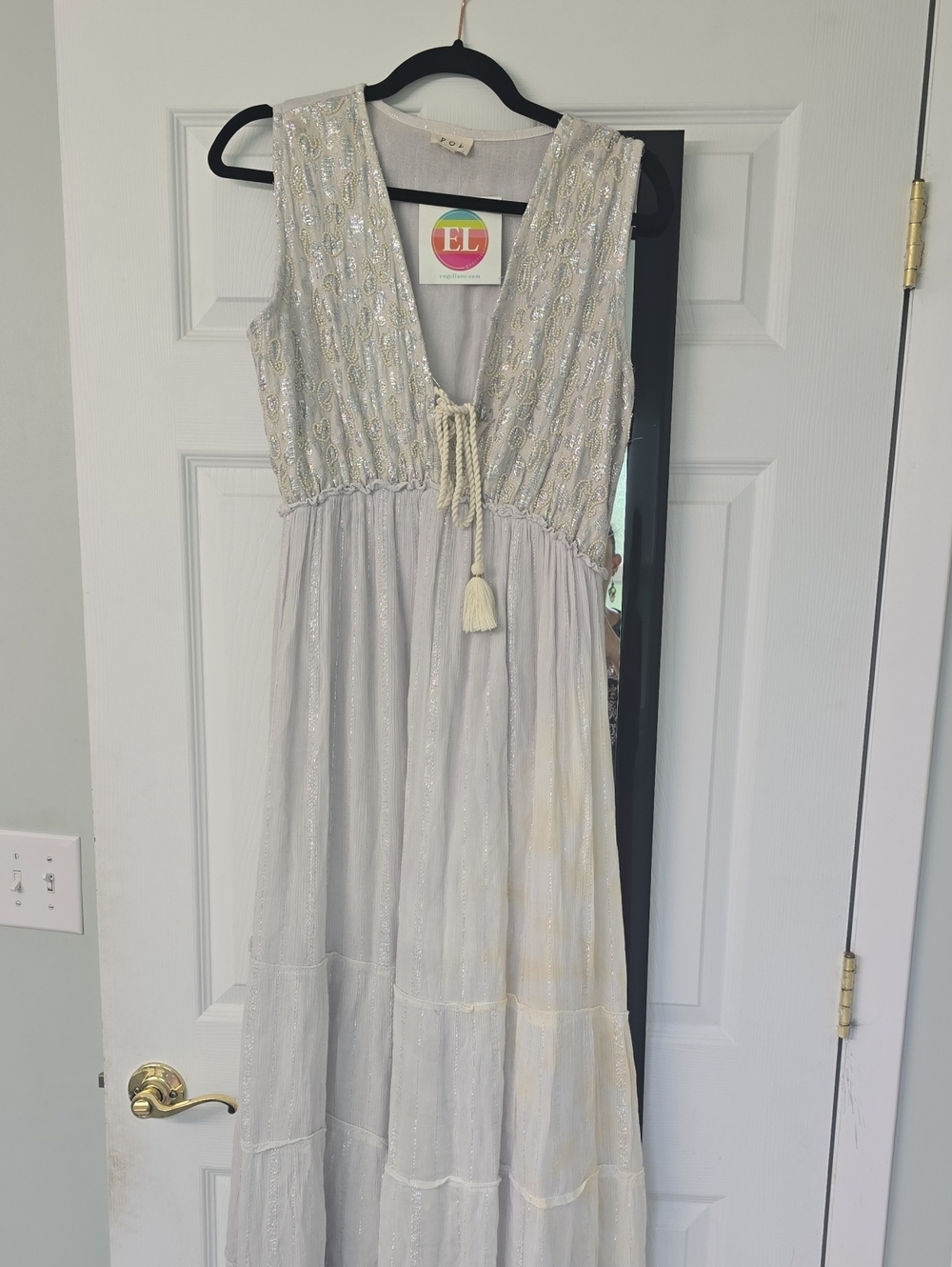 Sleeveless Ivory Beaded Maxi Dress with Tassel Tie